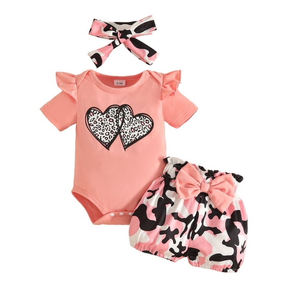 sususu Toddler Girls Outfits 2 piece Cute Casual Three Piece Outfit Set with Heart Print Short Sleeve Romper and Headband Playwear for,Multicolour,3-6 Months
