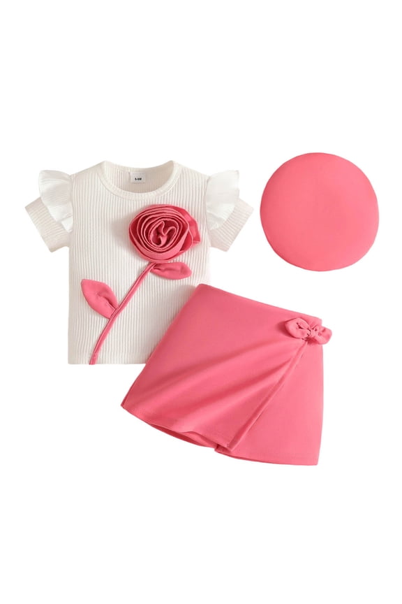 Toddler Girls Outfits 2 piece Floral Print Summer Outfit Set with Short Sleeve Top and Skirt Shorts Hat,Pink,12-18 Months