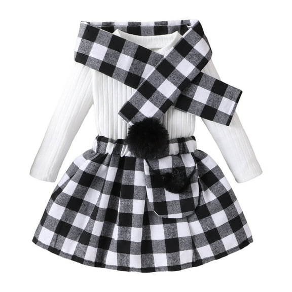 sususu Toddler Girls Ribbed Knit Top with Plaid Skirt and Scarf Three Piece Outfits Set Long Sleeve Solid Color Casual Wear ,Black,2-3 Years