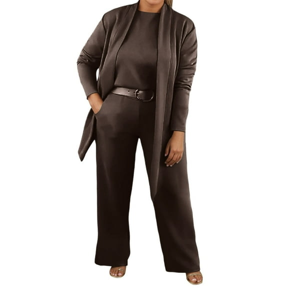 sususu Travel Clothes Women,Lounge Set Women's Solid Color Casual Tunic Top Straight Leg Trousers Mid Long Jacket Three Piece Suit Set For Everyday And Outdoor Wear - Brown