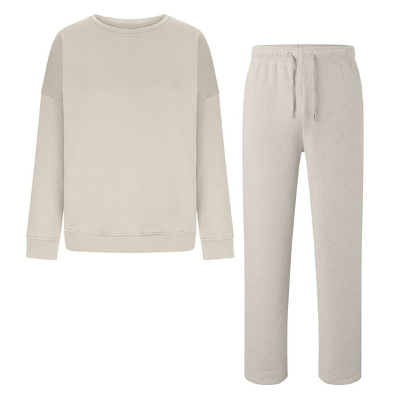 sususu Travel Outfits for Women 2 Piece Sets,Fall Sets Women's Casual Tracksuit Set Long Sleeve Crewneck Top And Wide Leg Pants With Pockets Comfortable Two Piece Outfit For Daily Wear - Beige