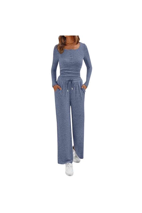 Two Piece Lounge Set for Women,Sets for Women Stylish Women Two Piece Tunic And Wide Leg Pants Outfit Comfortable Solid Color Daily Wear Casual Suit Set For Modern Ladies - Blue