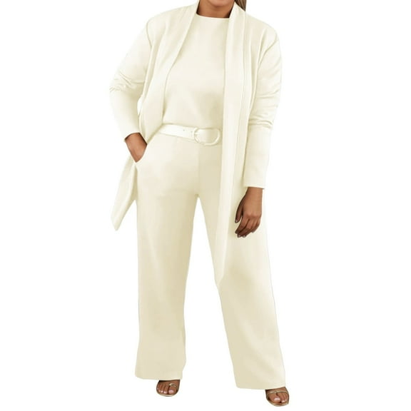 sususu Two Piece Sets for Women Fall,Fall Outfits Women's Solid Color Casual Tunic Top Straight Leg Trousers Mid Long Jacket Three Piece Suit Set For Everyday And Outdoor Wear - Beige