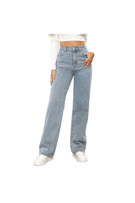 Washed High Rise Denim Trousers Relaxed Straight Leg Everyday Comfort Distressed Retro Casual Pants For Women,Light Blue,XXXXL