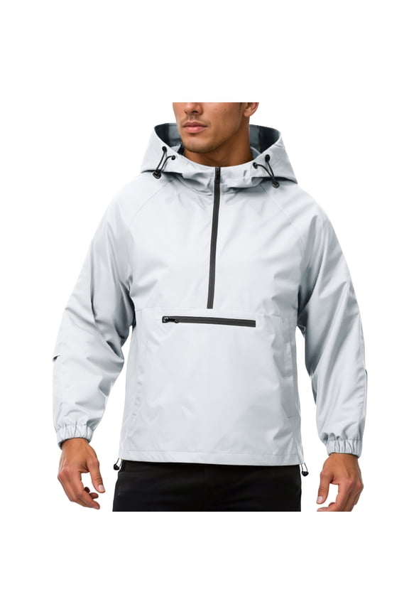 Waterproof Jackets For Men Long,Half Zip Hooded Jacket Windproof Water Casual Outdoor Sports Pullover Lightweight Comfortable Athletic,Grey,M