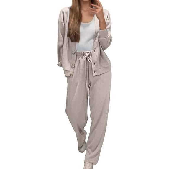 sususu Women Lounge Set,Lounge Set Autumn Winter Women Tracksuit Set Soft Knit Jogger Pants Long Sleeve Outfit Cozy Streetwear Two Piece Comfort Casual Wear - Khaki