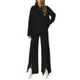 thumbnail image 1 of sususu Women Lounge Set,Lounge Set Ribbed Knit Two Piece Outfit High Neck Zipper Trousers Suit Cozy Loungewear For Fall Winter Season Casual Home Wear - Black, 1 of 5