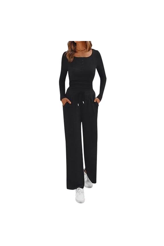 Women Lounge Set,Matching Set Stylish Women Two Piece Tunic And Wide Leg Pants Outfit Comfortable Solid Color Daily Wear Casual Suit Set For Modern Ladies - Black