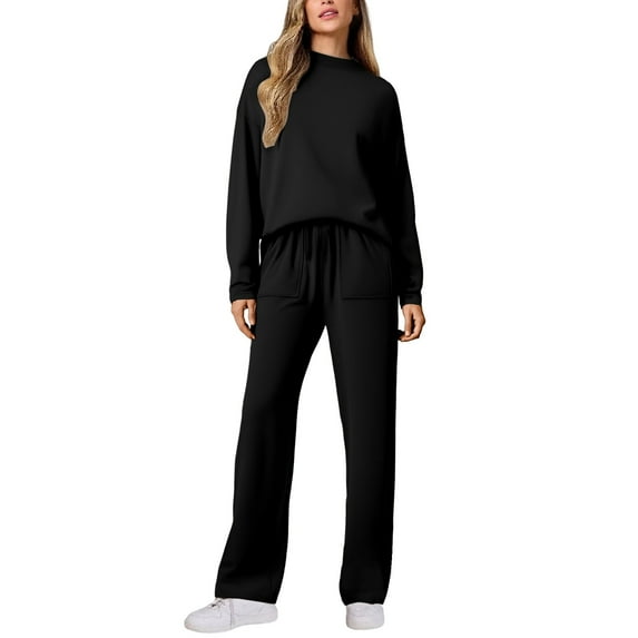 sususu Women'S Athletic Clothing Sets,Fall Outfits Women's Casual Solid Color Trousers Suit Featuring Pocket Drawstring Top Comfortable Everyday Wear Outfit Stylish Design - Black