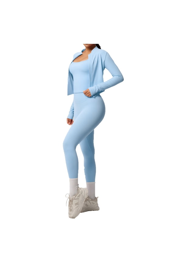 Women Sets 2 Piece Outfits,Fashion Clothing Solid Color Beauty Back Fitting Sports Yoga Wear Three Piece Set For Running And Fitness Activities - Sky Blue