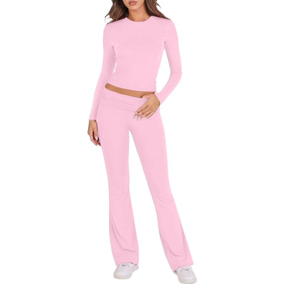sususu Women Sweatsuit,Matching Set Women Knitted Trousers Suit Long Sleeve Top and Pants Outfit Summer Casual Solid Color Slim Fit Comfortable Two Piece Set - Pink