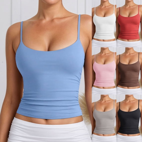 sususu Women's Basic Double Lined Scoop Neck Tank Tops Adjustable Cami Tank Summer Sleeveless Tops RD1 XS