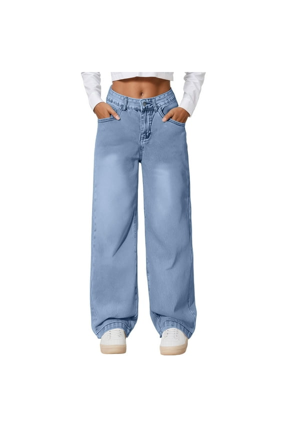 Women's Casual Loose Fit Straight Leg Denim Pants For Everyday Wear Effortless Style And Maximum Comfort Versatile Trousers With Classic Design,Blue,XXL
