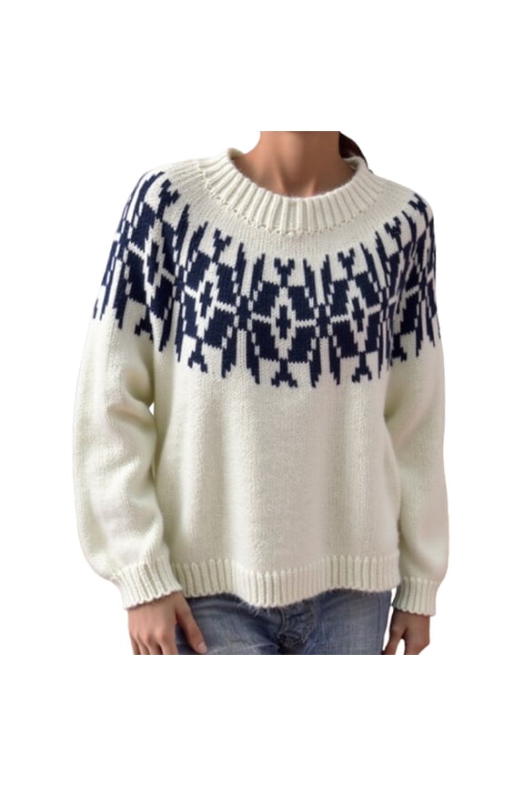 Women's Fair Isle Sweater 2025 Ethnic Argyle Sweater Long Sleeve Neck Colorful Striped Pullover Jumper Top,A01-Beige,One Size