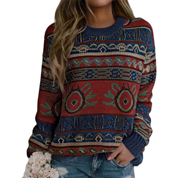 sususu Women's Fair Isle Sweater Argyle Iceland Norway Sweater Colorful Long Sleeve Neck Pullover Jumper Top,A05-Red,S