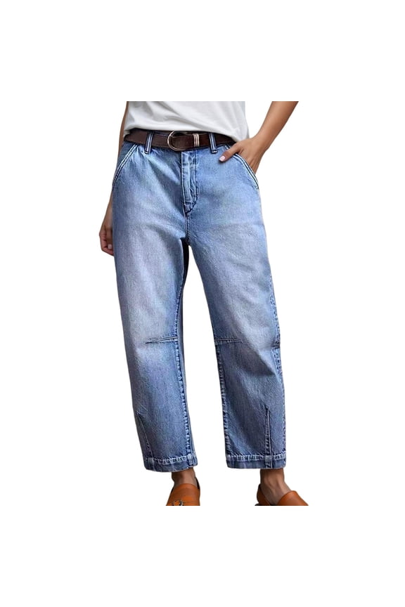 Women's Fashion Print Loose Fit Distressed Denim Trousers with Washed Effect and Polished Waist Design for Casual Style,Blue,XXL