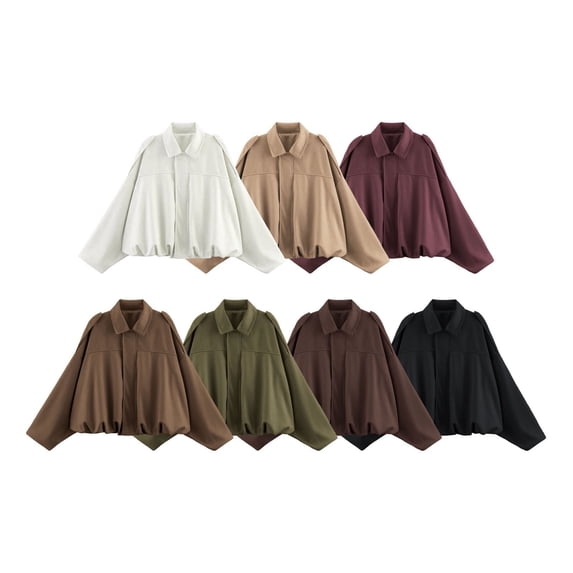 sususu Women's Suede Bomber Jacket Spring Lapel Pilot Coat Casual Oversized Long Sleeves Trendy Streetwear Outerwear L