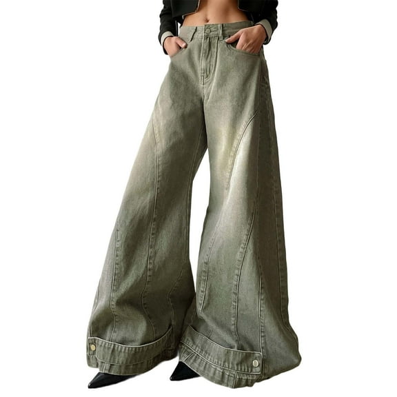 sususu Women's High Waist Bootcut Denim Pants Slim Fit Stretch Comfort Daily Wear Washed Trousers Flared Leg Casual Outfit,Green,L