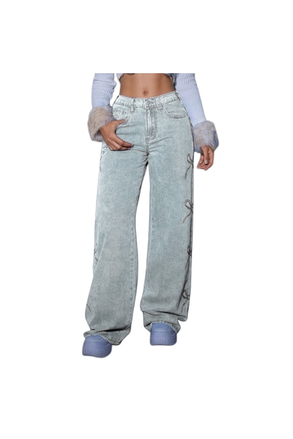 Women's High Waist Flared Denim Pants Featuring Elegant Embroidery and Comfortable Stretch Fabric for Everyday Casual Wear,BU1,L