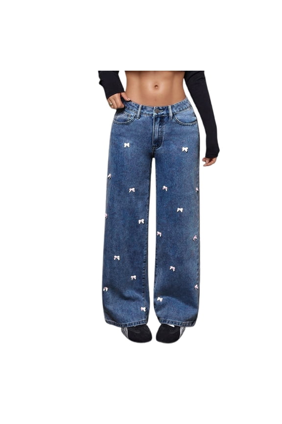 Women's High Waisted Washed Wide Leg Denim Pants Featuring Bow Detail Comfortable Stretch Fabric For Everyday Casual Streetwear Fashion,BU2,XS