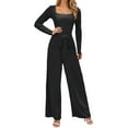 thumbnail image 1 of sususu Women's Jumpsuit Long Sleeve Square Neck Belted Wide Leg Romper Outfit Elegant Casual Loose Overalls,Black,XL, 1 of 5