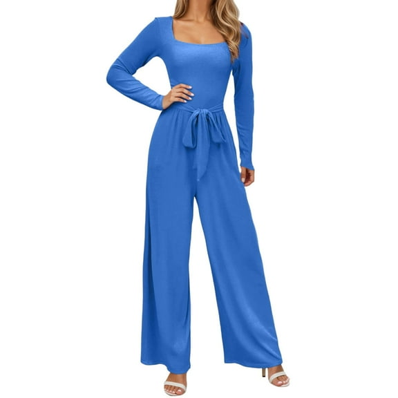 sususu Women's Jumpsuit Long Sleeve Square Neck Belted Wide Leg Romper Outfit Elegant Casual Loose Overalls,Blue,XL
