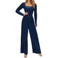 thumbnail image 1 of sususu Women's Jumpsuit Long Sleeve Square Neck Belted Wide Leg Romper Outfit Elegant Casual Loose Overalls,Navy,XL, 1 of 5