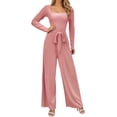 thumbnail image 1 of sususu Women's Jumpsuit Long Sleeve Square Neck Belted Wide Leg Romper Outfit Elegant Casual Loose Overalls,Pink,L, 1 of 5