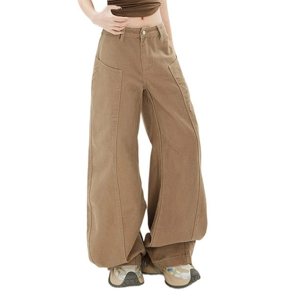 sususu Women's Retro Low Rise Baggy Wide Leg Flare Denim Pants Everyday Casual Comfortable Stretch Soft Loose Fit Jeans for Women,Khaki,L