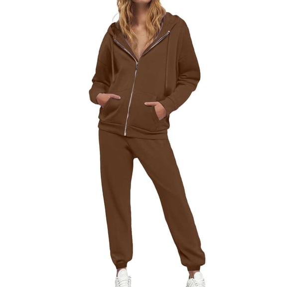 sususu Womens 2 Piece Lounge Set,Fashion Clothing Women Fashion Casual Solid Color Hooded Sweatshirt High Waist Drawstring Pants Two Piece Tracksuit Set Comfortable Outfit for Daily Wear - Brown