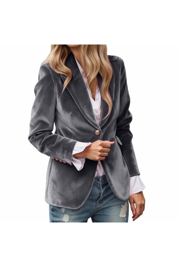 Womens Blazer,Black Long Jacket Women,Elegant Modern Tailored Fit Long Sleeve Notch Lapel Solid Color for Business formal Attire And Wear - Grey