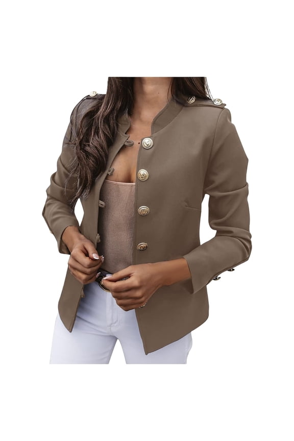 Womens Blazer Jacket,Plus Size Fall Fashion,with Neck and Metallic Buttons for Business Casual Wear Elegant Open Front Cardigan Jacket Tops - Khaki