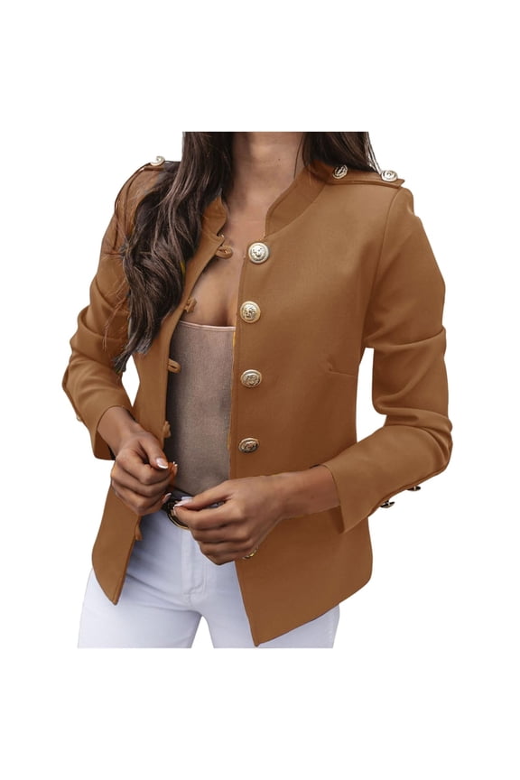 Womens Blazer,Long Black Coat Women,with Neck and Metallic Buttons for Business Casual Wear Elegant Open Front Cardigan Jacket Tops - Brown