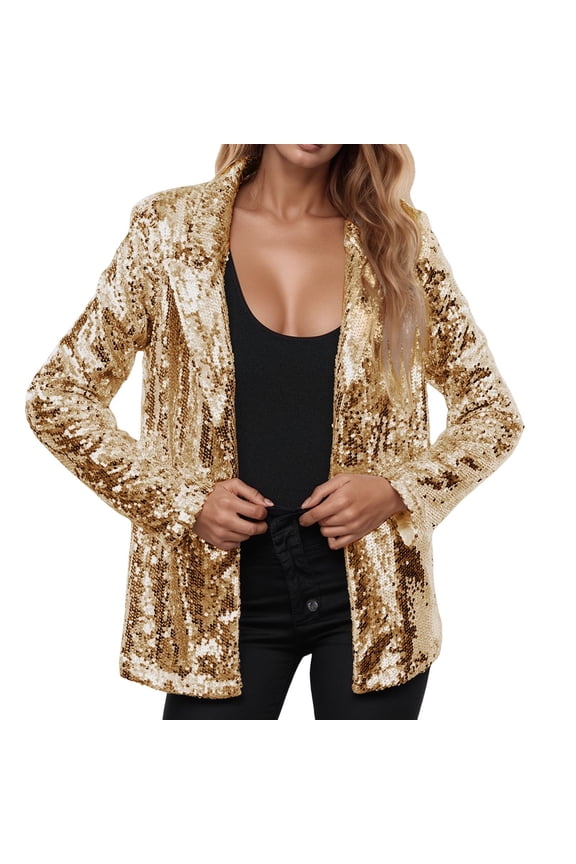 Womens Blazers Dressy Casual,Oversized Blazer,Elegant Sequin Open Front Long Sleeve Sparkly Cardigan Coat With Pockets for Casual Wear - Gold