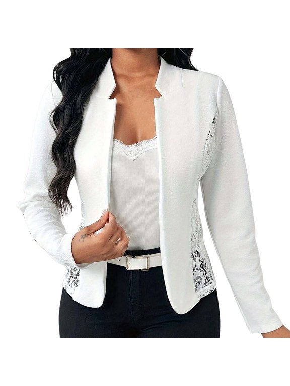 Womens Blazers Dressy Casual,Womens Fall Blazers,Elegant Lace Patchwork Slim Fit Long Sleeve Jacket And Casual Outings Design - White
