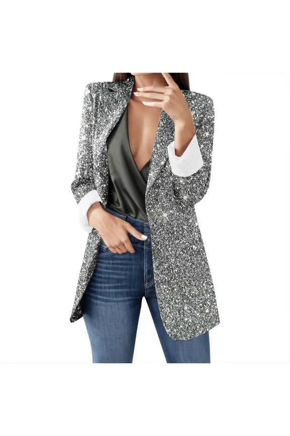 Womens Blazers Dressy Casual,Womens Jackets Casual,Elegant Sequin Printed formal Business Jacket with Long Sleeves and Lapels - Silver