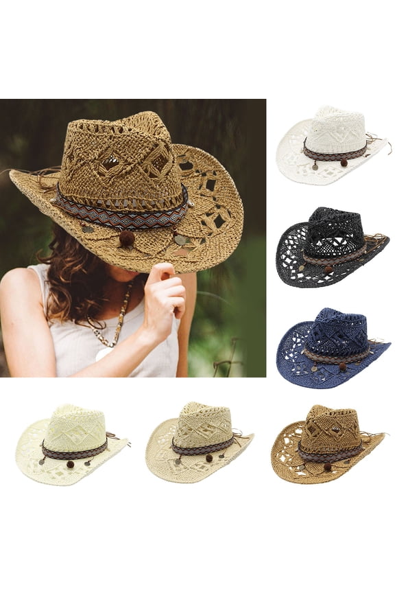 Womens Cowboy Hats Straw Wide with Shapeable Brim Cowgirl Cap Summer Foldable Breathable Travel Sun Hat White