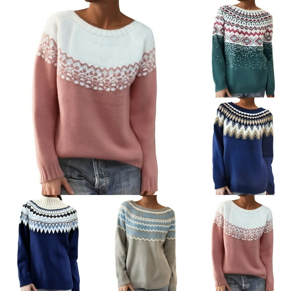 sususu Womens Fair Isle Sweater Argyle Iceland Norway Sweater Colorful Striped Crewneck Long Sleeve Loose Pullover Jumper Tops,A04-Dark Blue,XXL