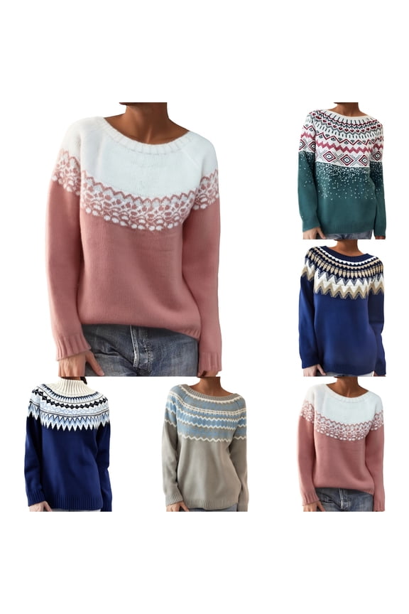 Womens Fair Isle Sweater Argyle Iceland Norway Sweater Colorful Striped Crewneck Long Sleeve Loose Pullover Jumper Tops,A04-Dark Blue,XXXL