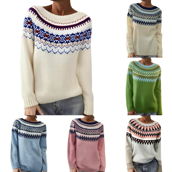 sususu Womens Fair Isle Sweater Argyle Iceland Norway Sweater Colorful Striped Long Sleeve Crew Neck Pullover Jumper Tops,A02-Green,XL