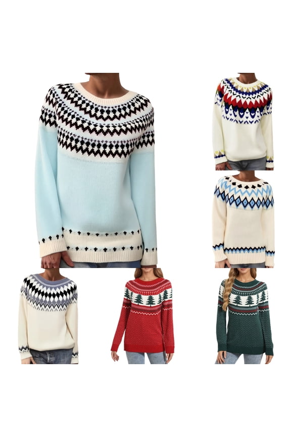 Womens Fair Isle Sweater Argyle Iceland Norway Sweaters Fairisle Pattern Crewneck Long Sleeve Loose Pullover Jumper Top,A02-Red,S