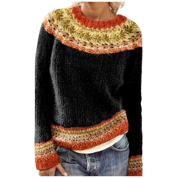 sususu Womens Fair Isle Sweater Ethnic Argyle Sweaters Retro Lightweight Long Sleeve Neck Pullover Jumper Top,A02-Black,XXL