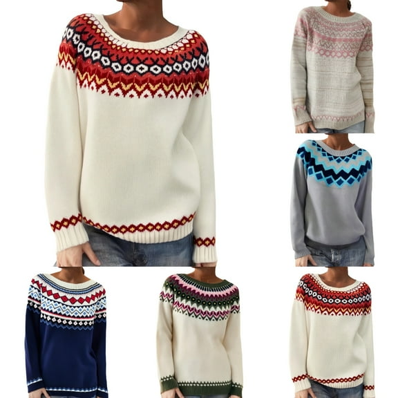 sususu Womens Fair Isle Sweaters Casual Knitted Sweater Colorful Striped Long Sleeve Boat Neck Pullover Jumper Tops,A03-Grey,XL