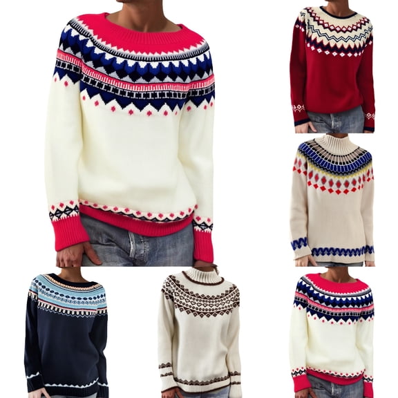 sususu Womens Fair Isle Sweaters Ethnic Argyle Sweaters Crew Neck Long Sleeve Retro Lightweight Loose Pullover Jumper Tops,A02-Red,L