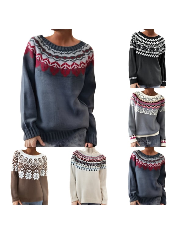 Womens Fair Isle Sweaters Lightweight Knitted Sweater Fairisle Pattern Crewneck Long Sleeve Loose Pullover Jumper Top,A05-Beige,L