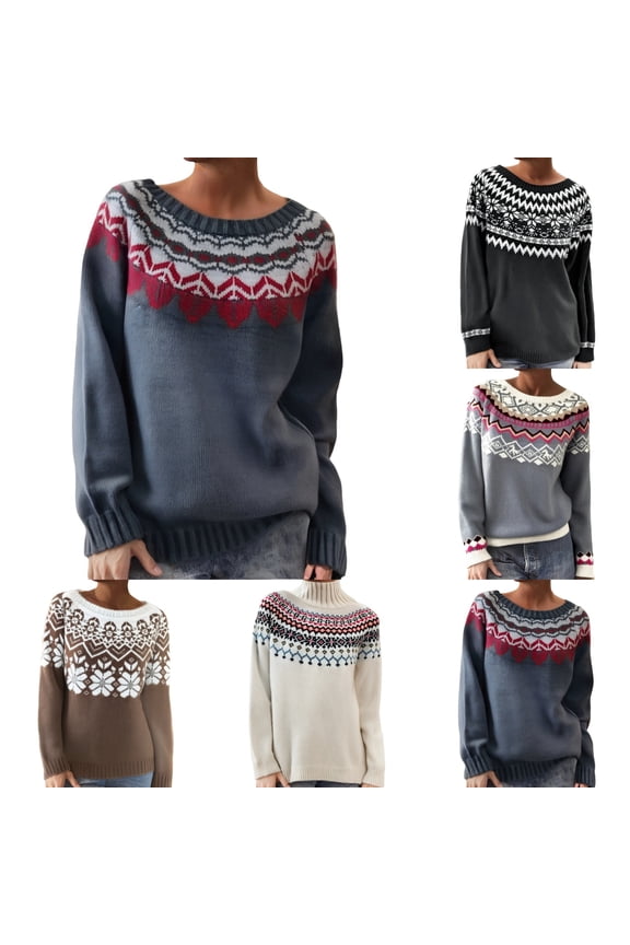 Womens Fair Isle Sweaters Lightweight Knitted Sweater Fairisle Pattern Crewneck Long Sleeve Loose Pullover Jumper Top,A05-Beige,M