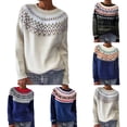 thumbnail image 1 of sususu Womens Fall Vintage Fair Isle Sweater Ethnic Argyle Sweater Colorful Long Sleeve Boat Neck Pullover Jumper Tops,A05-Beige,XXXXL, 1 of 5