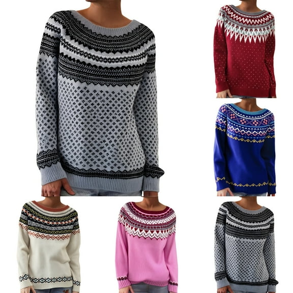 sususu Womens Fall Vintage Fair Isle Sweater Ethnic Argyle Sweaters Long Sleeve Crewneck Colorful Loose Pullover Jumper Top,A01-Grey,M