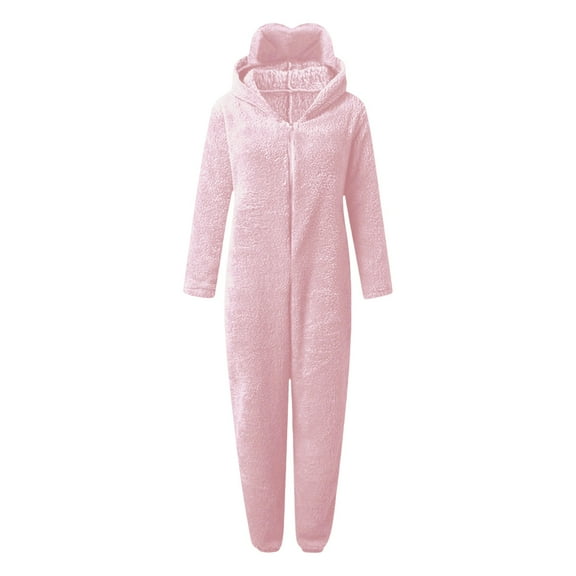 sususu Womens Onesies Pajamas Jumpsuit Solid Color Hooded Long Sleeve Zipper Warm Sherpa Romper Sleepwear One Piece Hooded Playsuit Loungewear,OTHER,S