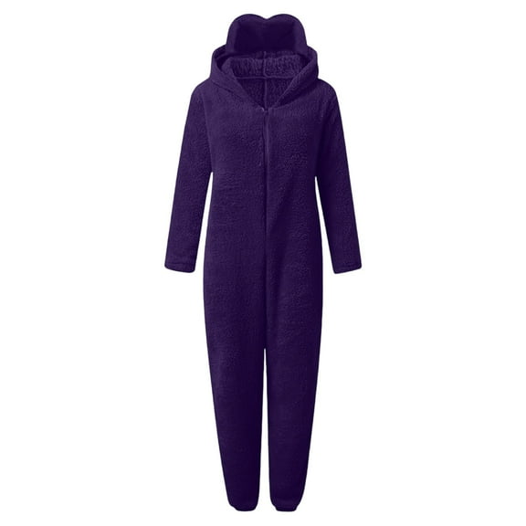sususu Womens Onesies Pajamas Jumpsuit Solid Color Hooded Long Sleeve Zipper Warm Sherpa Romper Sleepwear One Piece Hooded Playsuit Loungewear,Purple,XXL